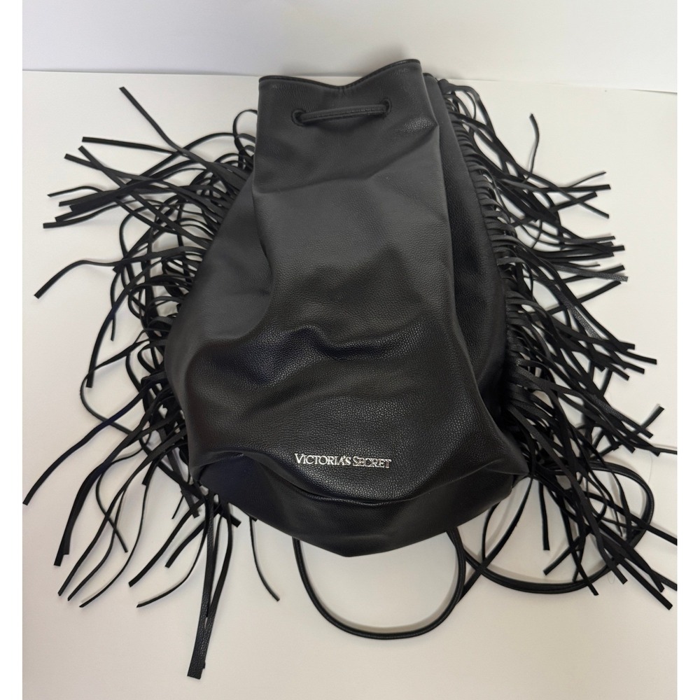Victoria's Secret Black Faux Leather Fringe Bucket Bag Drawstring Backpack Purse